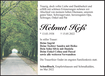 Traueranzeige von Helmut Heß von Südthüringer Presse