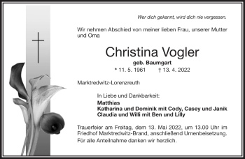 Traueranzeige von Christina Vogler von Frankenpost