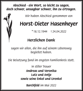 Traueranzeige von Horst-Dieter Hasenheyer von Südthüringer Presse