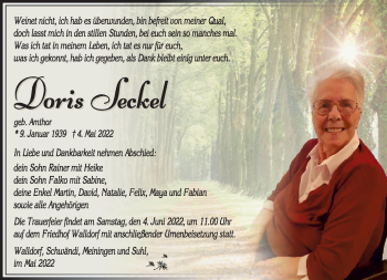 Traueranzeige von Doris Secke von Südthüringer Presse