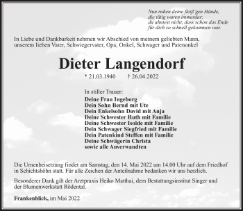 Traueranzeige von Dieter Langendorf von Südthüringer Presse