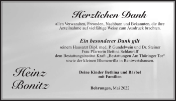 Traueranzeige von Heinz Bonitz von Südthüringer Presse