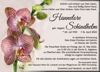 Traueranzeige von Hannelore Schindhelm von Südthüringer Presse