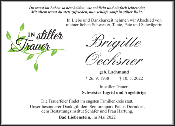 Traueranzeige von Brigitte Oechsner von Südthüringer Presse