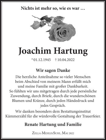 Traueranzeige von Joachim Hartung von Südthüringer Presse