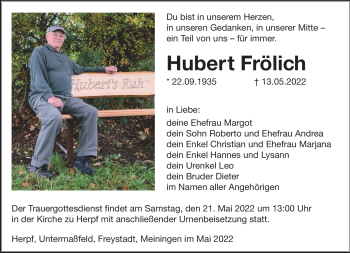 Traueranzeige von Hubert Frölich von Südthüringer Presse