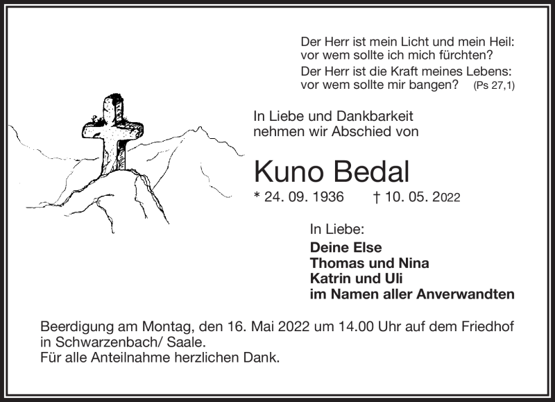  Traueranzeige für Kuno Bedal vom 14.05.2022 aus Frankenpost