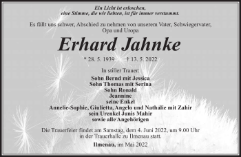 Traueranzeige von Erhard Jahnke von Südthüringer Presse