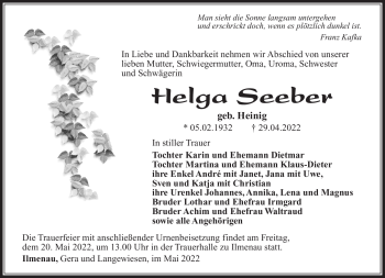 Traueranzeige von Helga Seeber von Südthüringer Presse