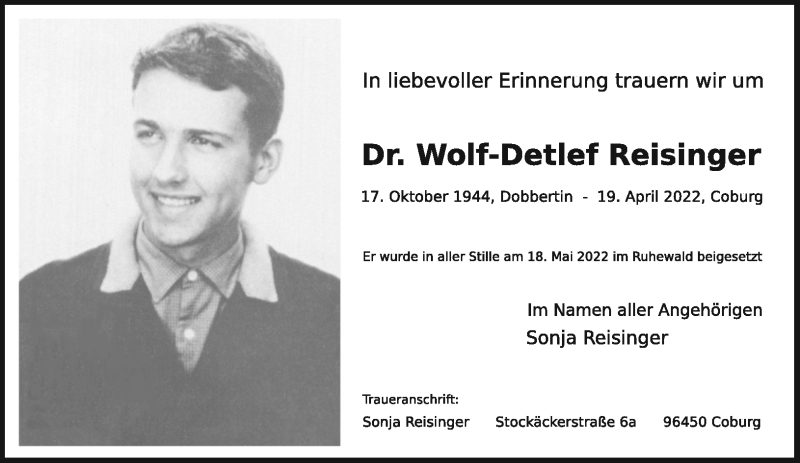  Traueranzeige für Wolf-Detlef Reisinger vom 21.05.2022 aus Neue Presse Coburg