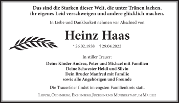 Traueranzeige von Heinz Haas von Südthüringer Presse