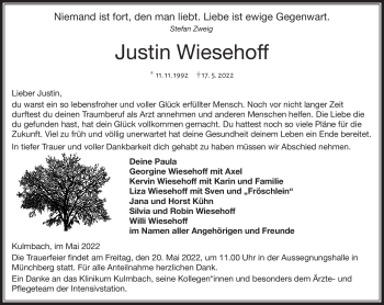 Traueranzeige von Justin Wiesehoff von Frankenpost