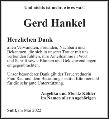 Traueranzeige von Gerd Hankel von Südthüringer Presse