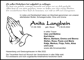 Traueranzeige von Anita Langbein von Neue Presse Coburg