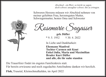 Traueranzeige von Rosemarie Sagasser von Südthüringer Presse