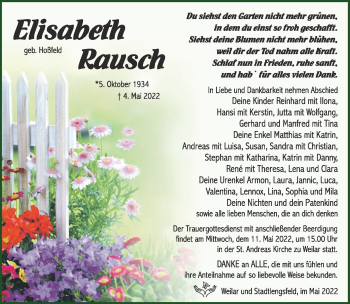 Traueranzeige von Elisabeth Rausch von Südthüringer Presse