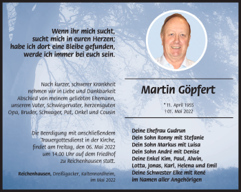Traueranzeige von Martin Göpfert von Südthüringer Presse