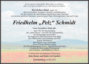 Traueranzeige von Friedhelm Schmidt von Südthüringer Presse