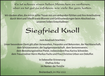 Traueranzeige von Siegfried Knoll von Südthüringer Presse
