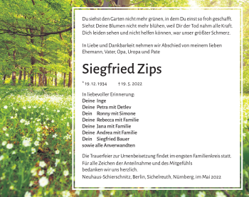 Traueranzeige von Siegfried Zips von Südthüringer Presse
