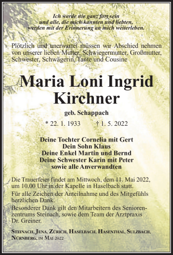 Traueranzeige von Maria Loni Ingrid Kirchner von Südthüringer Presse