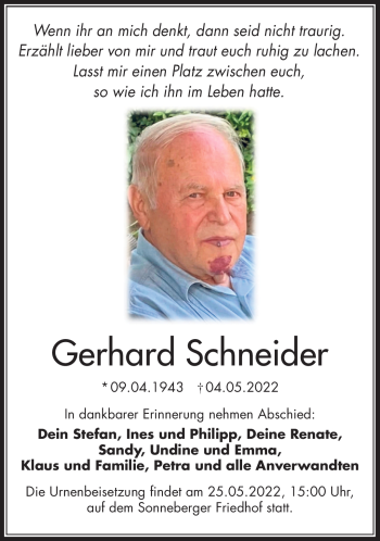 Traueranzeige von Gerhard Schneider von Südthüringer Presse