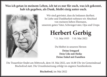 Traueranzeige von Herbert Gerbig von Südthüringer Presse