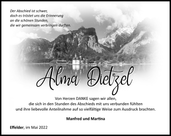 Traueranzeige von Alma Dietzel von Südthüringer Presse