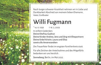 Traueranzeige von Willi Fugmann von Südthüringer Presse