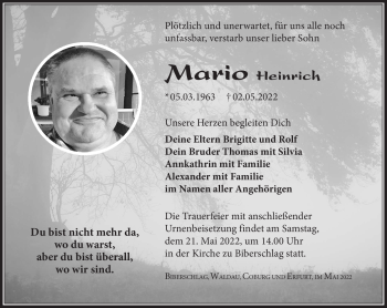 Traueranzeige von Mario Heinrich von Südthüringer Presse