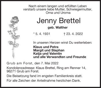 Traueranzeige von Jenny Brettel von Neue Presse Coburg
