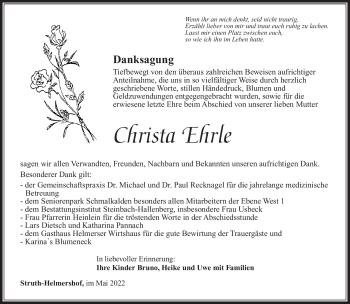 Traueranzeige von Christa Ehrle von Südthüringer Presse