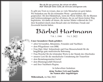Traueranzeige von Bärbel Hartmann von Südthüringer Presse