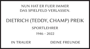 Traueranzeige von Dietrich Preik von Neue Presse Coburg