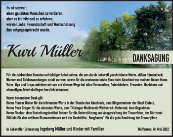 Traueranzeige von Kurt Müller von Südthüringer Presse