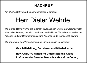 Traueranzeige von Dieter Wehrle von Neue Presse Coburg
