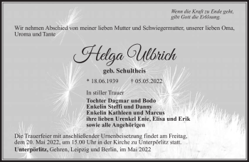 Traueranzeige von Helga Ulbrich von Südthüringer Presse