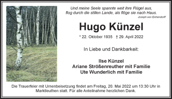 Traueranzeige von Hugo Künzel von Frankenpost