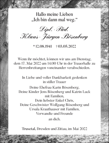 Traueranzeige von Klaus-Jürgen Bösenberg von Südthüringer Presse