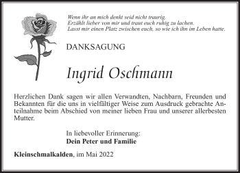 Traueranzeige von Ingrid Oschmann von Südthüringer Presse