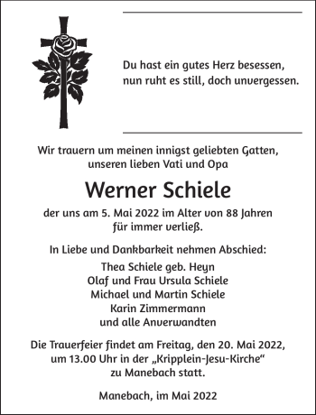 Traueranzeige von Werner Schiele von Südthüringer Presse