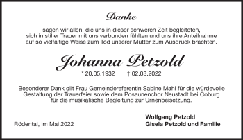 Traueranzeige von Johanna Petzold von Neue Presse Coburg