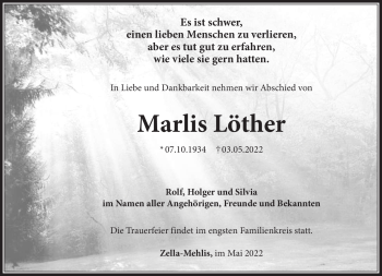 Traueranzeige von Marlis Löther von Südthüringer Presse
