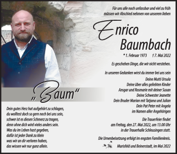 Traueranzeige von Enrico Baumbach von Südthüringer Presse