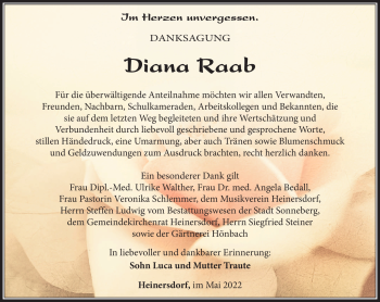 Traueranzeige von Diana Raab von Südthüringer Presse