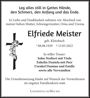 Traueranzeige von Elfriede Meister von Südthüringer Presse