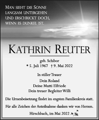 Traueranzeige von Kathrin Reuter von Südthüringer Presse