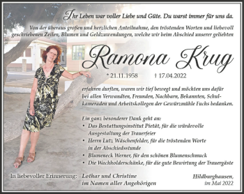 Traueranzeige von Ramona Krug von Südthüringer Presse