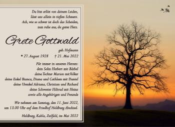 Traueranzeige von Grete Gottwald von Südthüringer Presse