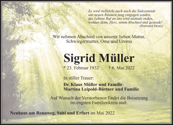 Traueranzeige von Sigrid Müller von Südthüringer Presse